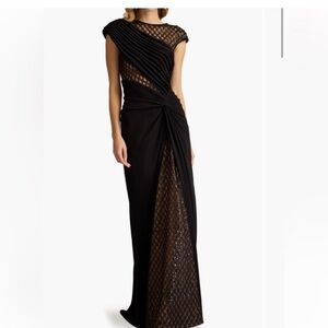 Tadashi Shoji Jetta Peek a Boo Illusion Gown Black Cap Sleeve Maxi Dress
